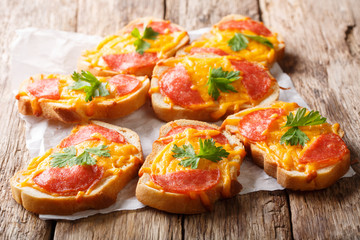 Hot sandwiches with sausage and melted cheddar cheese close-up. horizontal