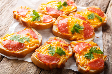 Homemade hot toasts with sausage and melted cheddar cheese close-up. horizontal