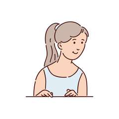 Young beautiful girl or woman in blue tshirt with long hair looks out of the window from behind.