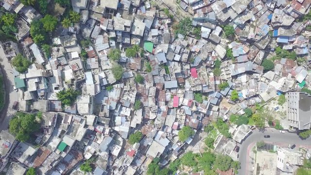 Aerial looking straight down over the endless slums, favelas and shanty towns in the Cite Soleil district of Port Au Prince, Haiti.