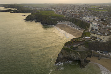 Newquay UK Aerial view of beach and coastline, Cornwall