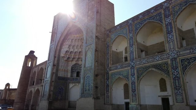 Abdulaziz-Khan madrasah in the morning light with no tourists around. In Bukhara, Uzbekistan.