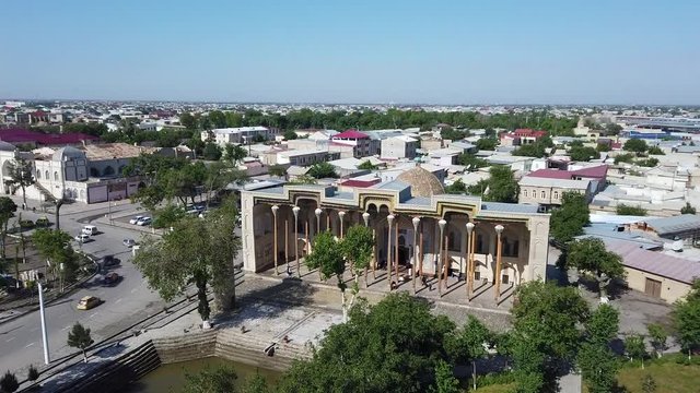 Bolo-khauz mosque as seen from the shukova water tower. In Bukhara, Uzbekistan.
