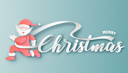 Santa Claus with Merry Christmas calligraphy design. Merry Christmas Greeting Card. graphic design for Christmas. paper cut and paper craft design. vector, illustration.