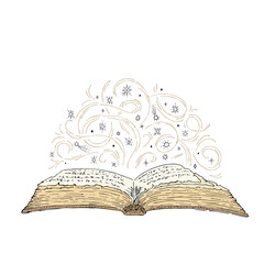 Magic old book. Vector sketch of an open book with curls and stars. Mystical concept. Hand drawn vector illustration