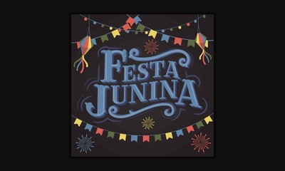 Festa Junina Old School Vintage Classic Font Lettering Background with Party Flags ,Paper Lantern and Firework. Brazil June holiday. Vector Banner - Illustration - Vector