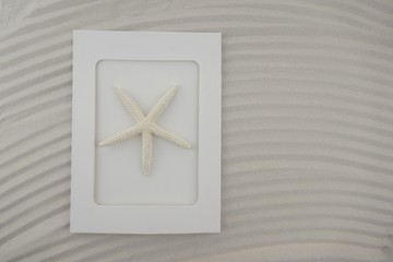 Fototapeta na wymiar Sea summer concept. Maritime decor.Sea white star in white frame. Sea postcard with starfish on a sandy background.