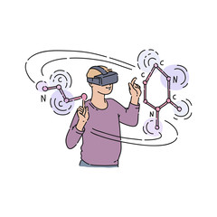 Vector flat young man in virtual reality headset