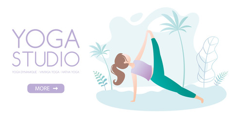 Girl doing yoga pose,hatha yoga in park,yoga studio web banner template