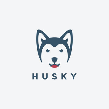 Fun minimalist Smiley Siberian Husky dog logo icon vector illustration on white backgound
