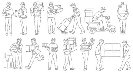 Set of male workers from different delivery services sketch outline style