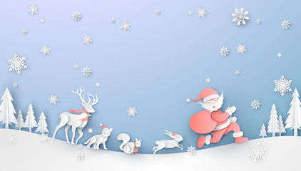 Santa Claus with friends travel to delivers gifts in Christmas. Graphic design for Christmas. paper cut and craft design. vector, illustration.