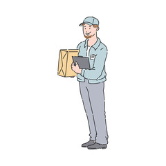 Delivery Man or courier with box and clipboard in blue uniform and cap sketch.