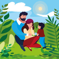 parents with son family in sunny landscape
