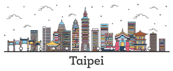 Obraz premium Zarys panoramę miasta Tajpej Tajwan z kolorowymi budynkami na białym tle.