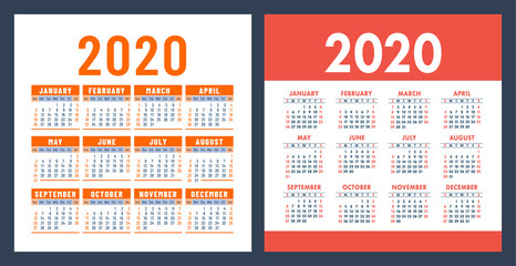 Calendar 2020 year. Vector design template set. Pocket calender. Week starts on Sunday