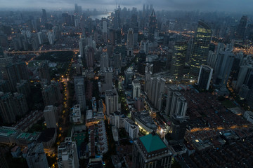 Aerial view of business area and cityscape in the dawn, West Nanjing Road, Jing` an district, Shanghai