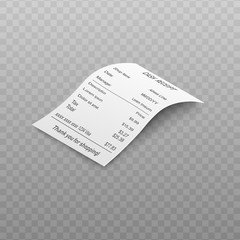 Naklejka premium Shopping paper bill or financial receipt in vector illustration isolated on transparent background.