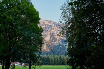 Mountain peaks visible through the trees on a good summer day