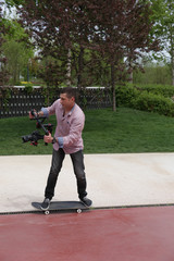 Videographer makes a film on a skateboard. Camera stabilization system. Shooting a movie. With copy space for text.