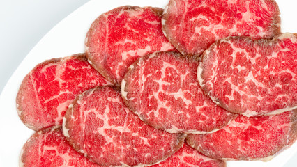 raw beef on a plate .