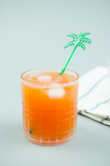 Iced peach soda in glass. Summer cold beverage