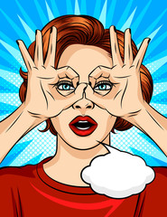 Color vector illustration in the style of comic pop art with a spy girl and a speech cloud. The girl holds her fingers in the form of glasses and looks forward. A beautiful woman is observing someone.