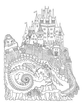 Vector humorous cartoon fairy tale landscape with medieval castle funny fat dragon. Hand drawn black and white doodle sketch. Tee shirt fantasy print. Adults and children coloring book page