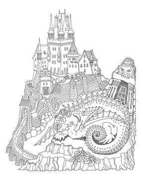 Vector humorous cartoon fairy tale landscape with medieval castle funny fat dragon. Hand drawn black and white doodle sketch. Tee shirt fantasy print. Adults and children coloring book page