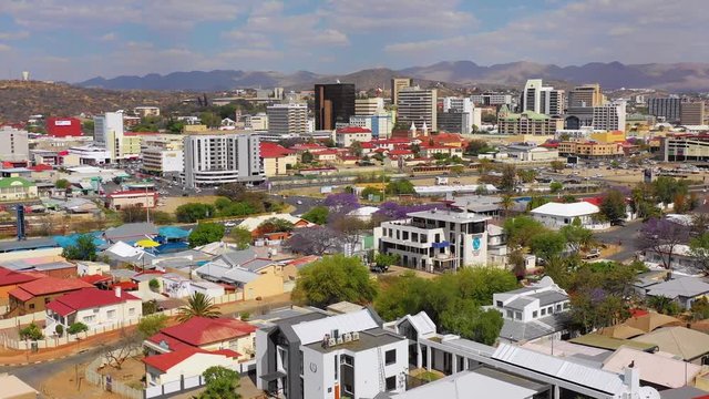 Aerial over downtown and central business district of Windhoek, Namibia, capital city.