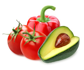 Red bell pepper, tomatoes and avocado, isolated on a white background.