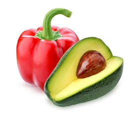 Red bell pepper and avocado, isolated on a white background.