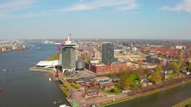 Amsterdam, Netherlands - April 23 2019: Aerial view of the Amsterdam Eye Film Museum, Adam Lookout, and IJ river