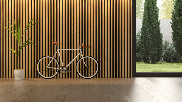 Interior of modern living room with bicycle 3D rendering