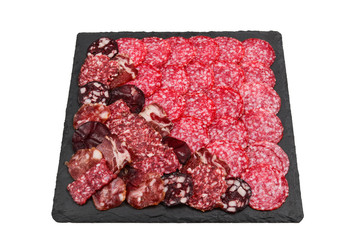 Different kinds of meat cuts on the boards. On a wooden background.