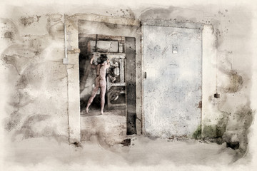 Homme nu dans une vieille usine