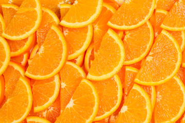 Slices of oranges as a background, top view.