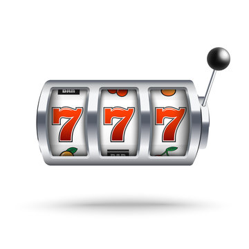Silver slot machine with lucky three sevens jackpot in realistic style isolated on white background.