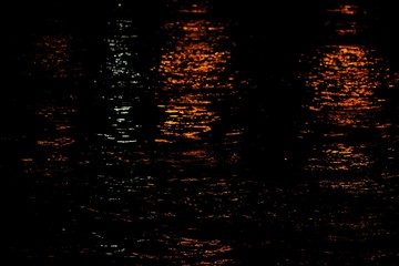 Blurred colorful reflection on river surface with water waves  in the dark night