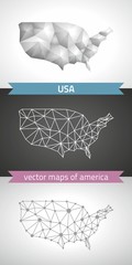 United States set of grey and silver mosaic 3d polygonal maps. Graphic vector triangle geometry outline shadow perspective maps