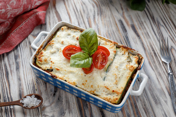 beef and cheese lasagna. Homemade. Top view.