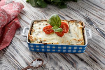 beef and cheese lasagna. Homemade. Top view.