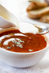 Urkrainian traditional soup - borsch with sour cream