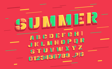 Vector summer font and alphabet. Set of colorful letters and numbers. Typeface retro style