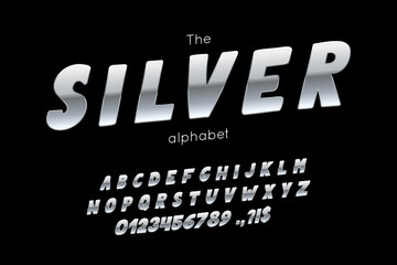 Vector font and alphabet. Set of latin letters and numbers. Silver type