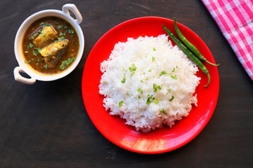 Indian Comfort food, homemade fish curry and white rice