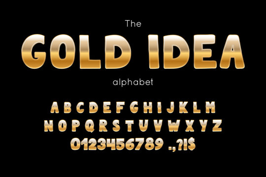 Vector font and alphabet. Set of latin letters and numbers. Gold Idea type