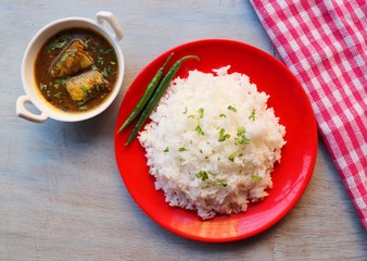 Indian Comfort food, homemade fish curry and white rice