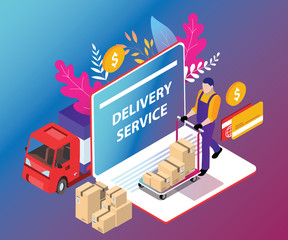 Isometric Artwork Concept of Online Delivery Service from Laptop