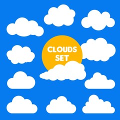 Set of cartoon clouds and sun isolated on blue background. Vector illustration. Sunny day with clouds vector collection. Cloudscape in blue sky, white cloud illustration. Cloud icon on blue sky.